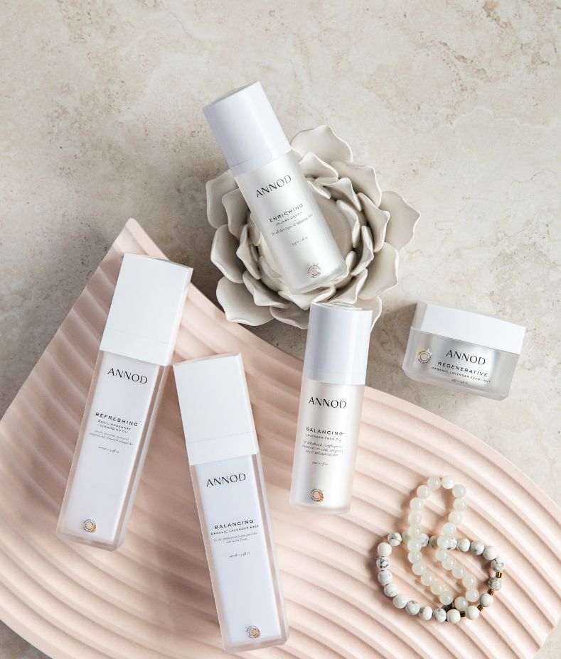 Annod Glow Club skincare products with the free Regenerative Lavender Exfoliant, styled flat-lay