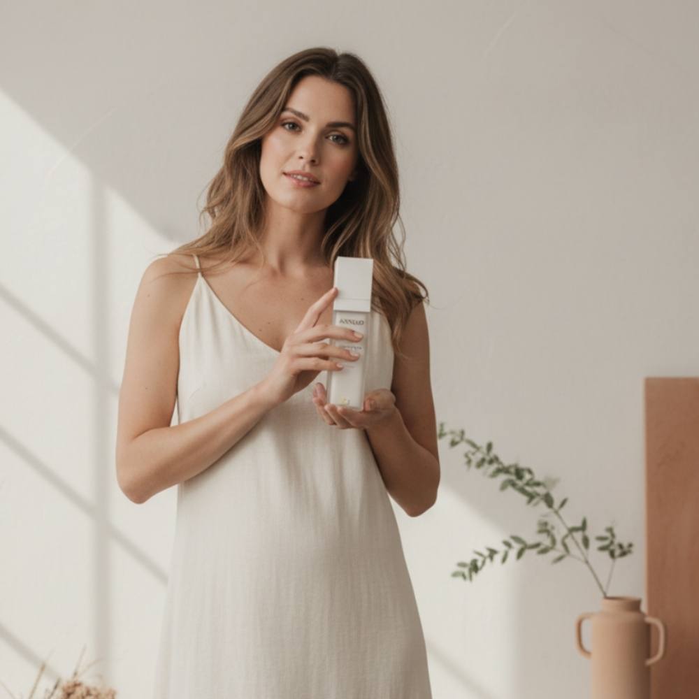 annod-calming-beauty-ritual-natural-skincare.jpg Woman holding Annod natural skincare product during a calming beauty ritual